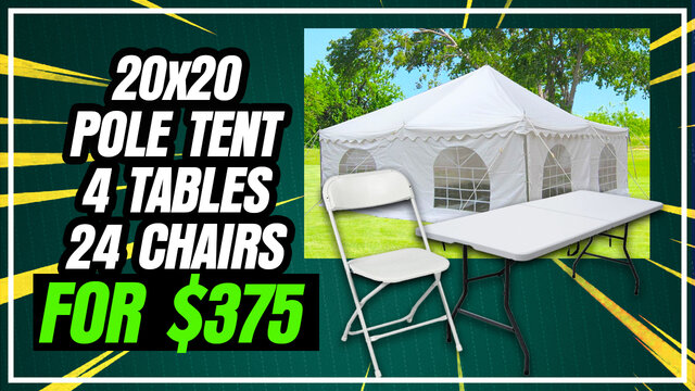 20x20 tent, four 6ft plastic tables, 24 chairs sidewalls not included